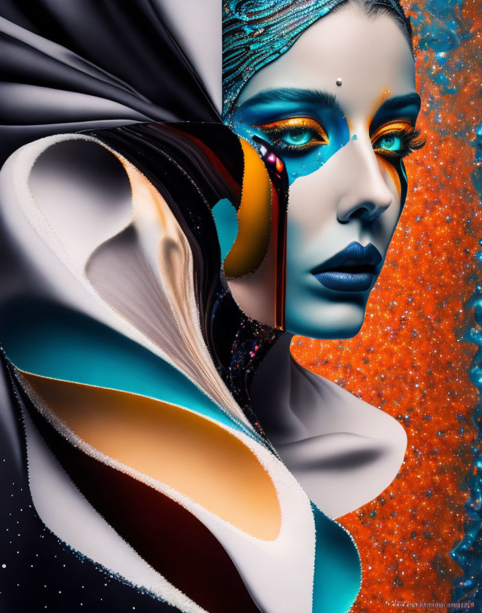 Surreal portrait merging female face with abstract elements and vibrant colors