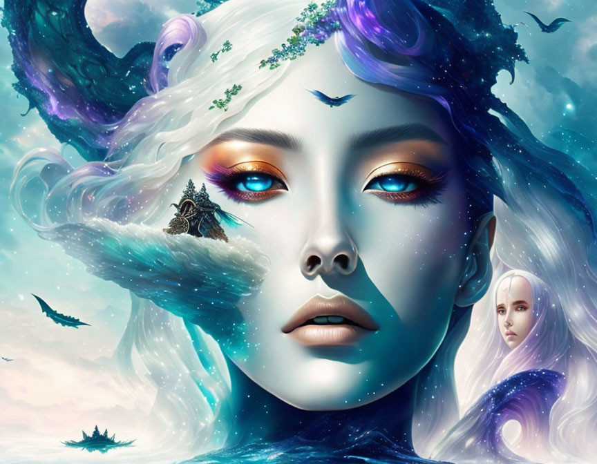 Digital artwork of woman with cosmic and nature elements in hair