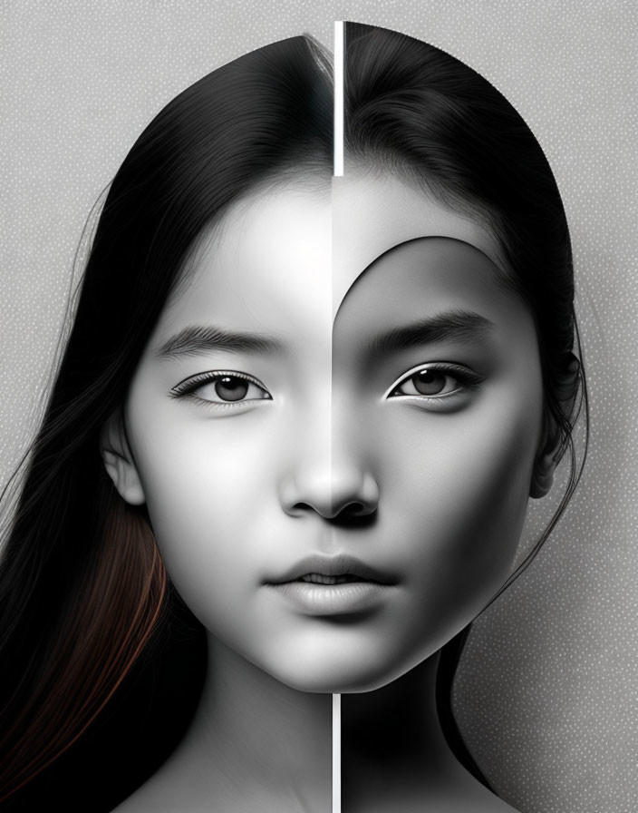 Composite Image: Young Woman's Face in Color & Grayscale