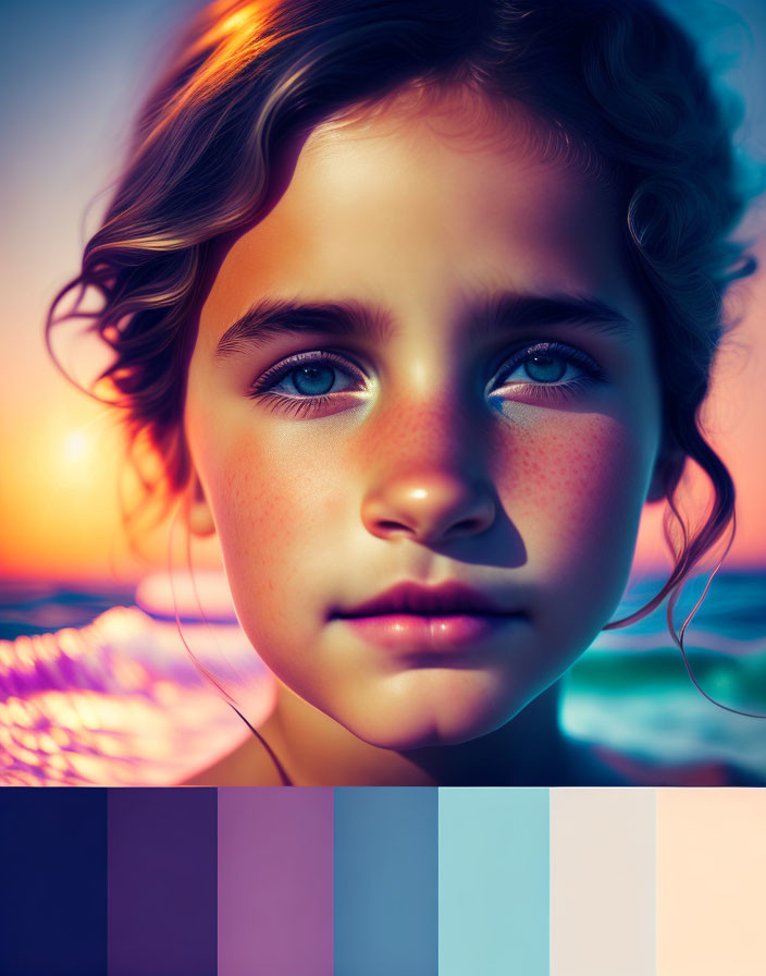 Young girl with curly hair at sunset beach with color palette.