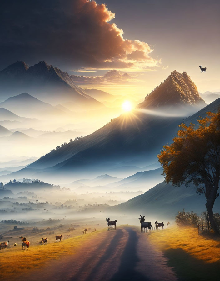 Misty valley sunrise with deer herd, tree, and mountains