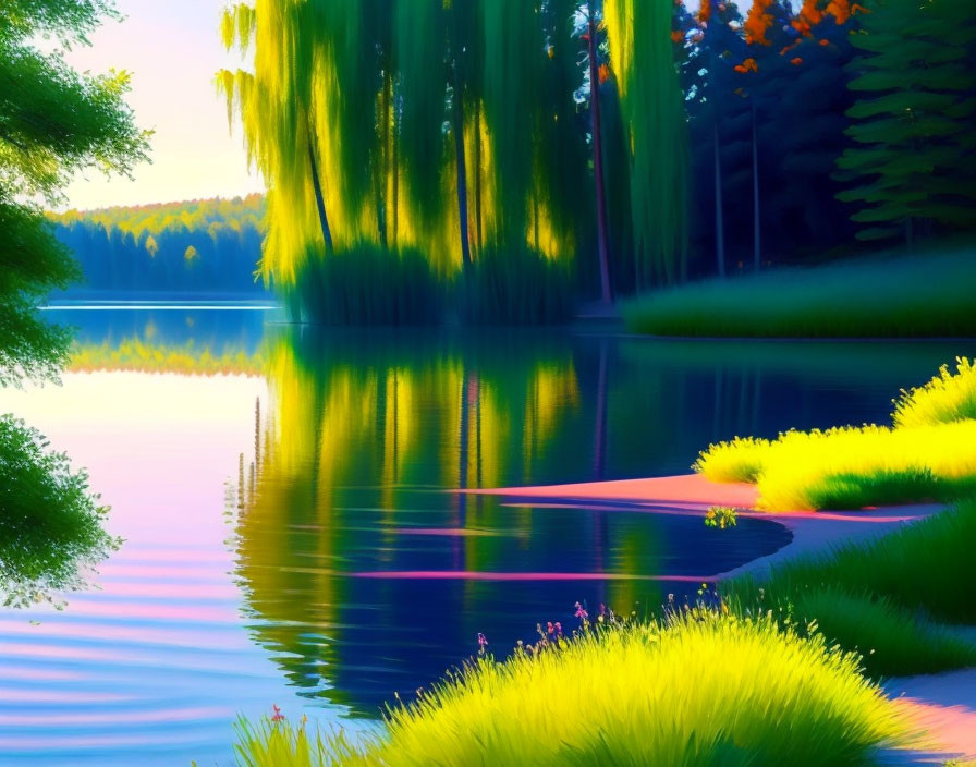 Serenely picturesque lakeside scene with weeping willows and soft sunlight