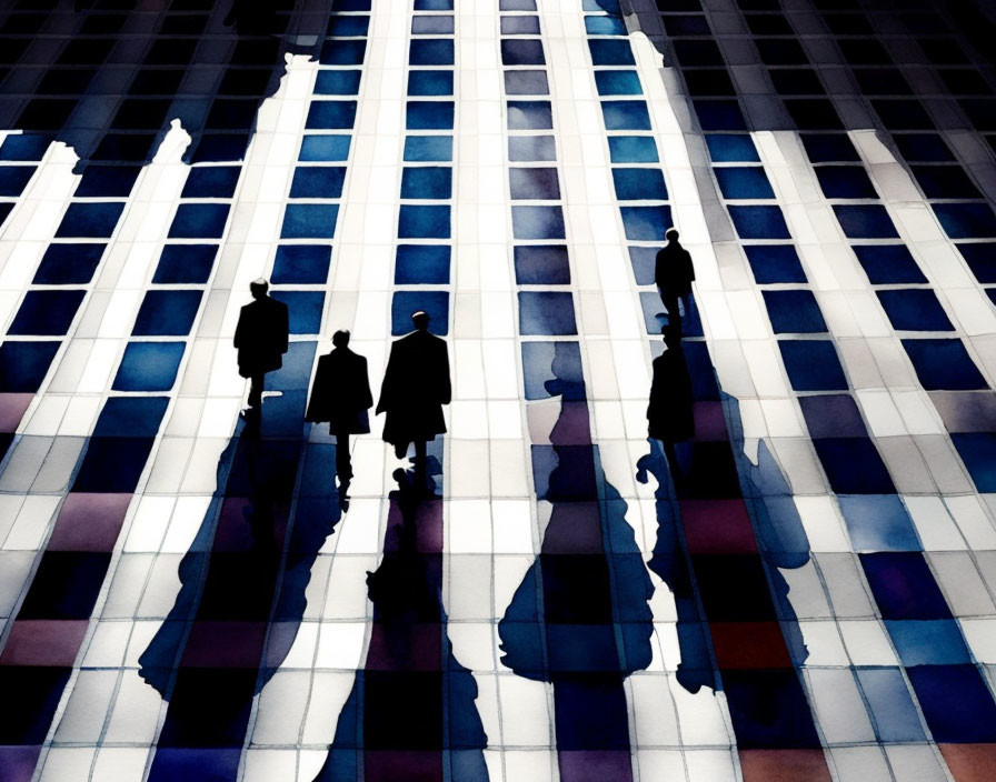 People casting long shadows on striped surface in abstract watercolor illustration