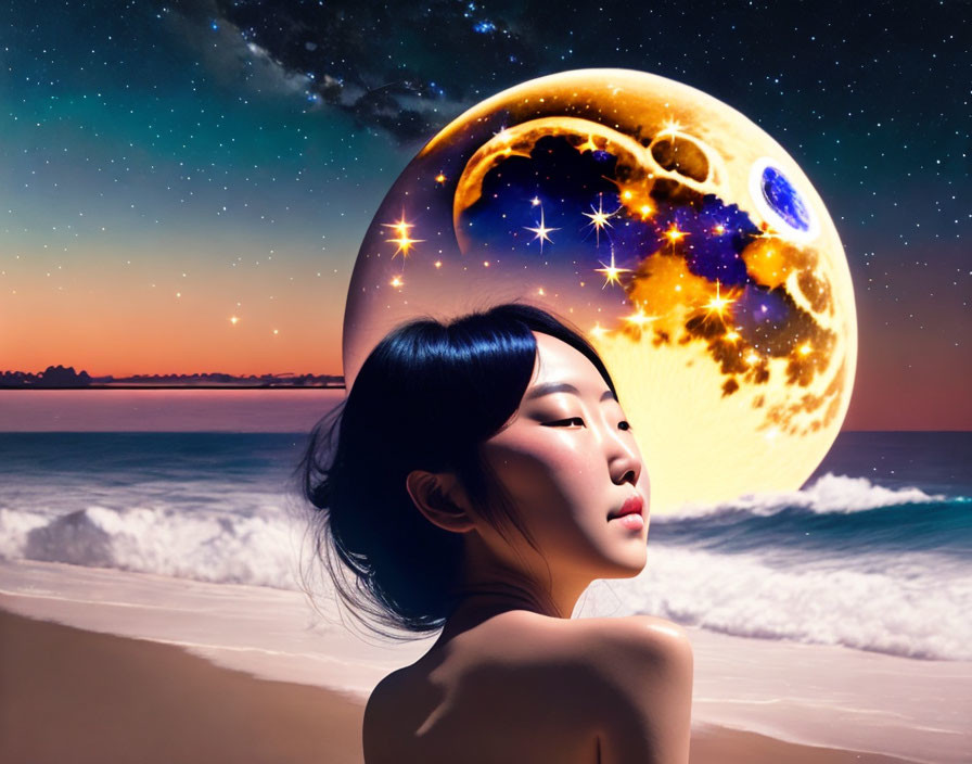 Woman admires surreal oversized moon and stars by ocean at twilight