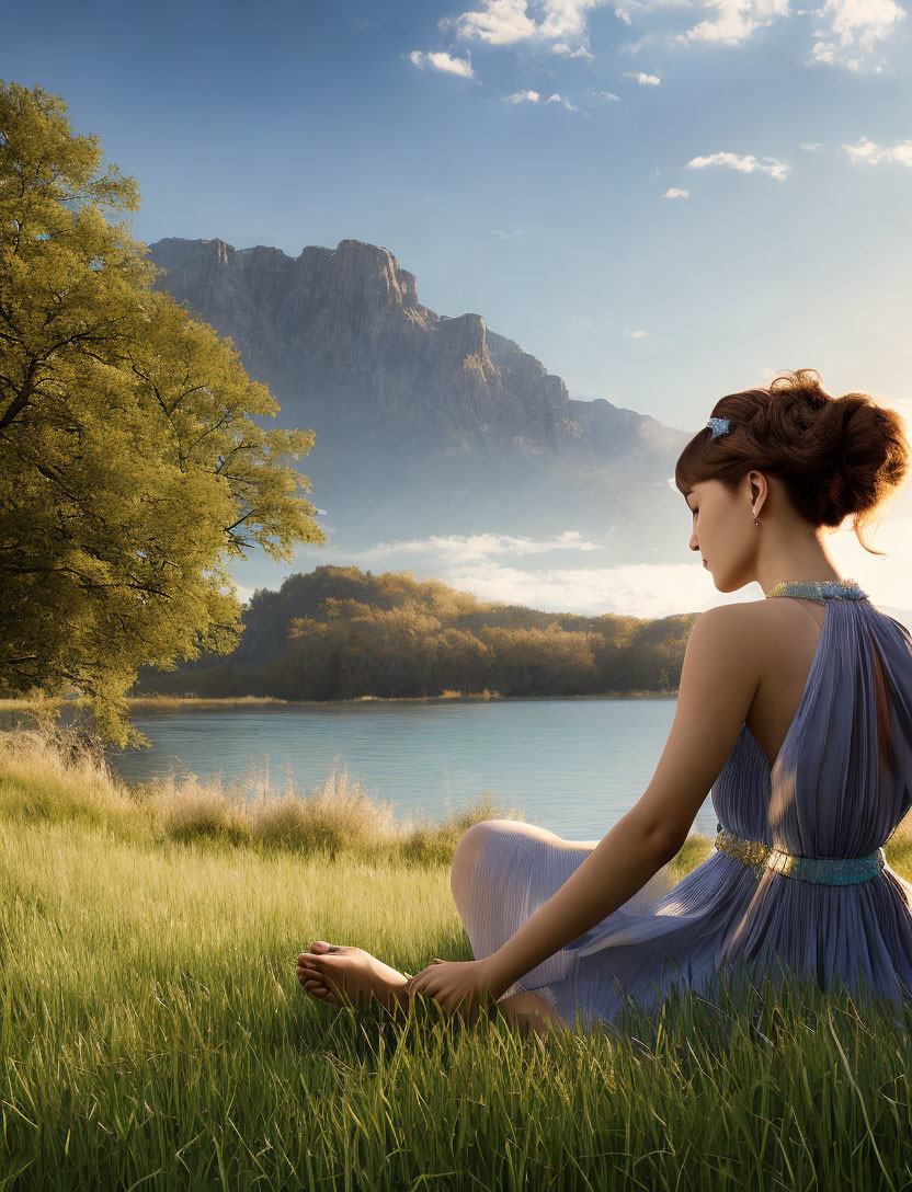 Tranquil woman in blue dress by lake with mountains and greenery