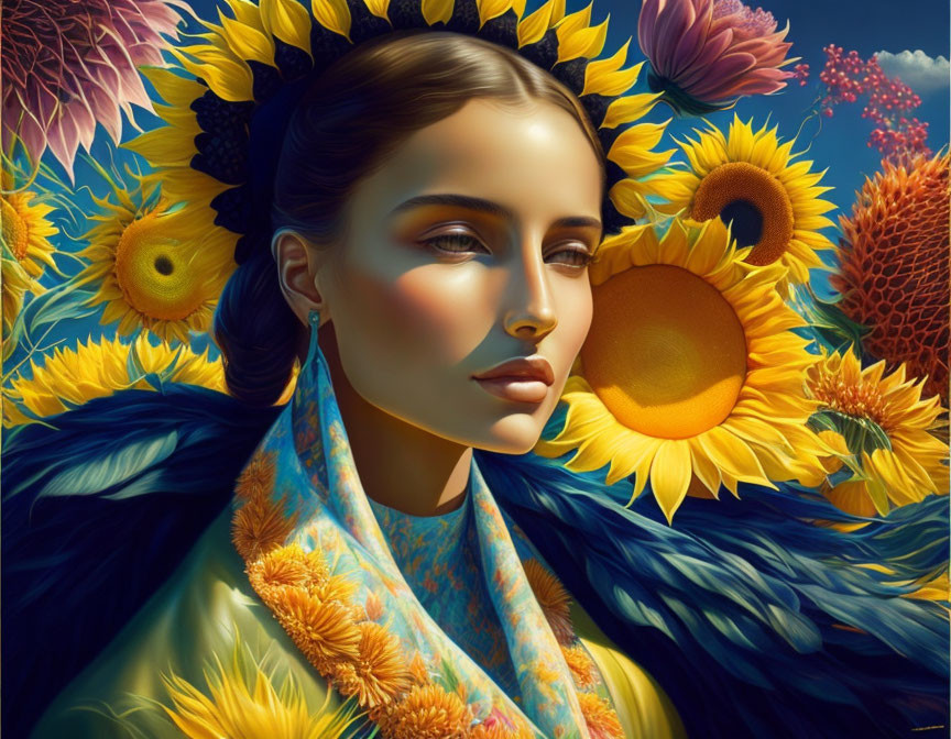 Woman with Sunflower Headdress and Shawl in Serene Expression Against Floral Background