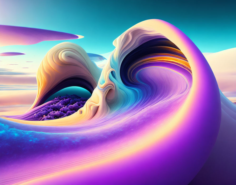 Colorful digital artwork: Fluid shapes in purple, blue, and orange with textured floral element