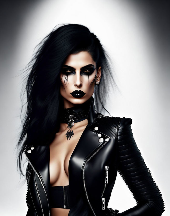 Dark-haired person in dramatic black makeup and leather jacket with edgy accessories.