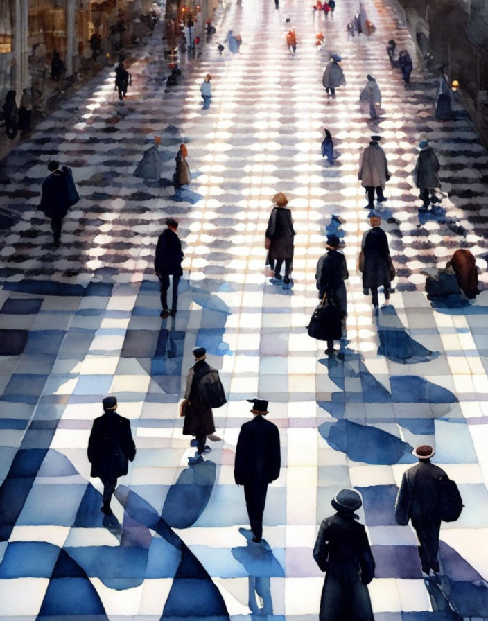 Watercolor painting: People on checkered floor with shadows