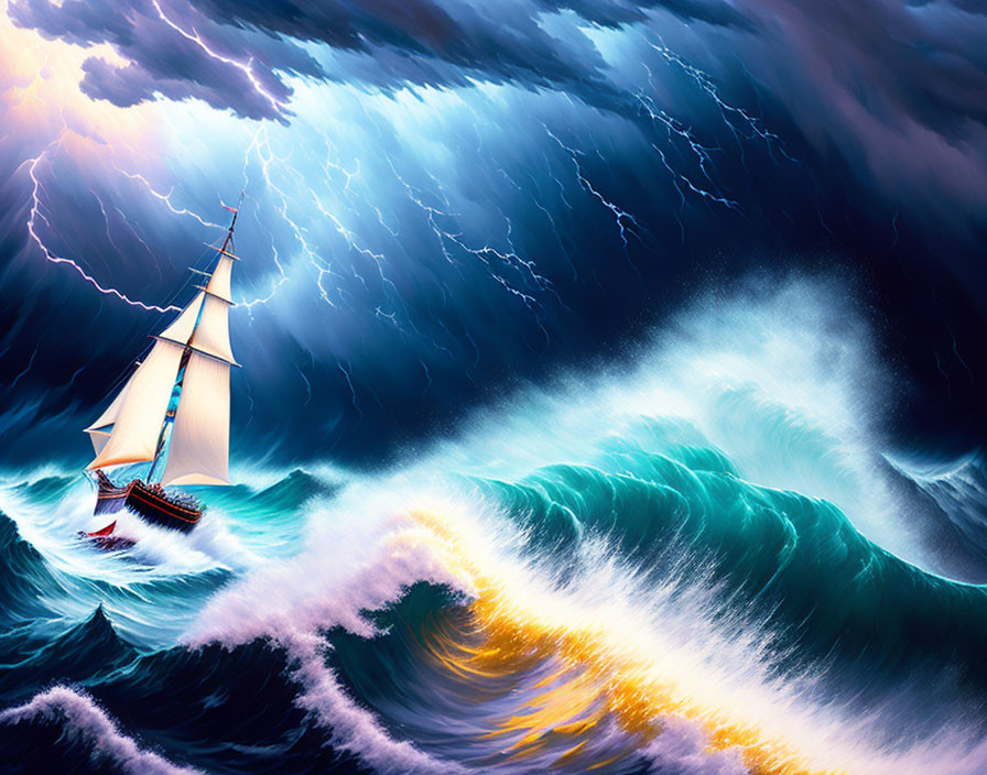 Ship navigating stormy seas with towering waves and lightning under ominous blue clouds