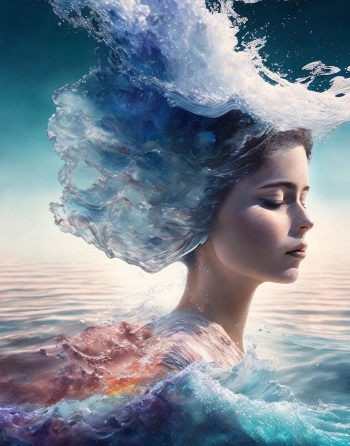 Woman's side profile emerges from water with hair resembling splash, blending with sea and sky in tranquil,