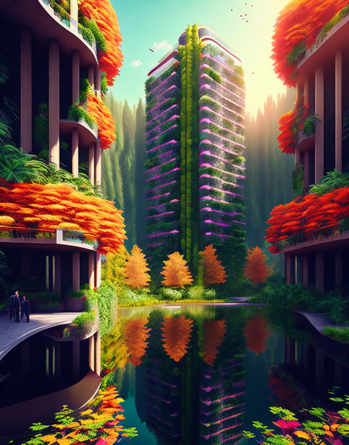 Futuristic garden with lush foliage, autumn trees, eco-friendly buildings, and reflecting pond