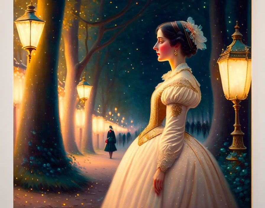 Woman in vintage dress by lamppost in tree-lined avenue at dusk