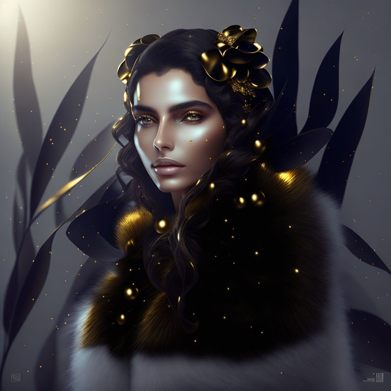 Illustrated portrait: Woman with dark hair, golden flowers, shimmering lights, fur shawl