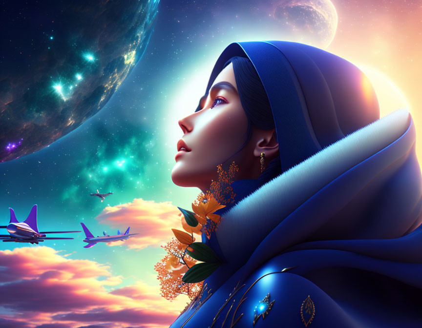 Digital artwork of woman in hijab with cosmic background