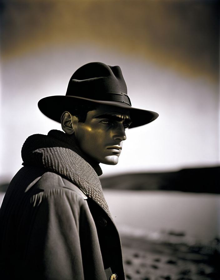 Stylized image of man in fedora and trench coat against dramatic backdrop