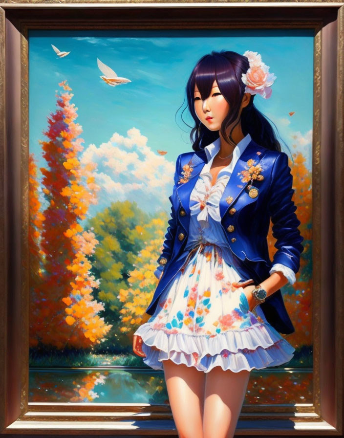 Anime-style girl in blue jacket and floral dress with butterflies and autumn landscape.