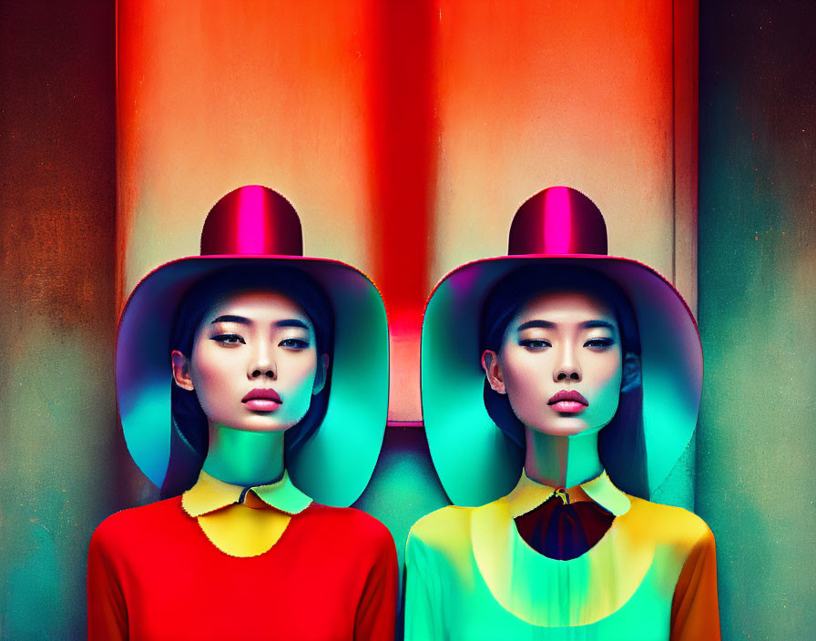 Twin models in stylish hats and colorful outfits on vibrant red-orange background