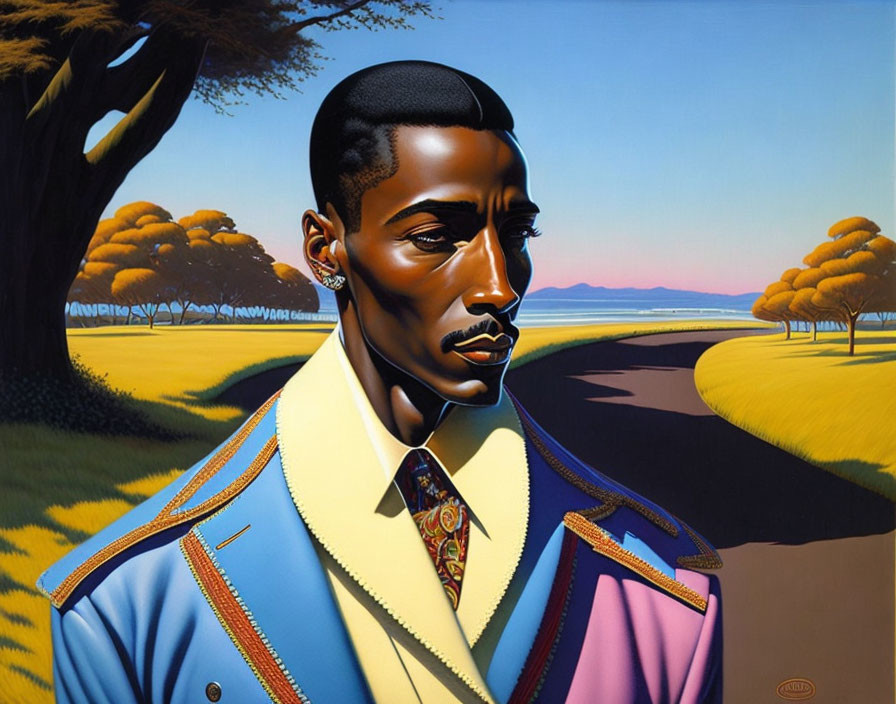 Stylized portrait of a man in blue jacket against surreal landscape