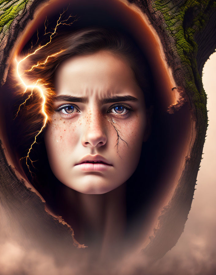 Intense young girl's face in cracked tree trunk with stormy eyes symbolizing inner strength.