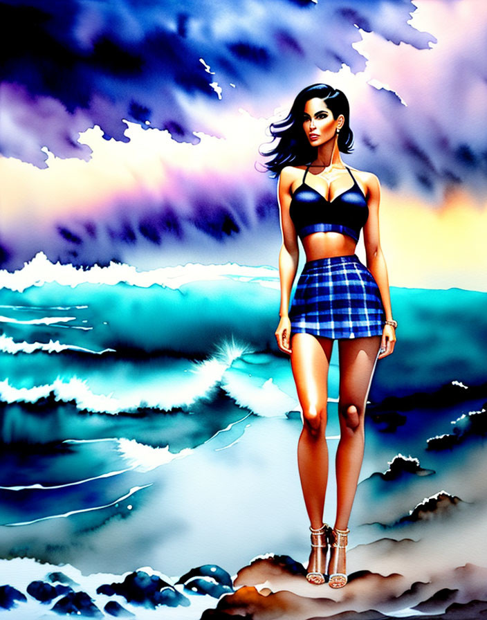 Stylized illustration of woman in blue crop top and plaid skirt