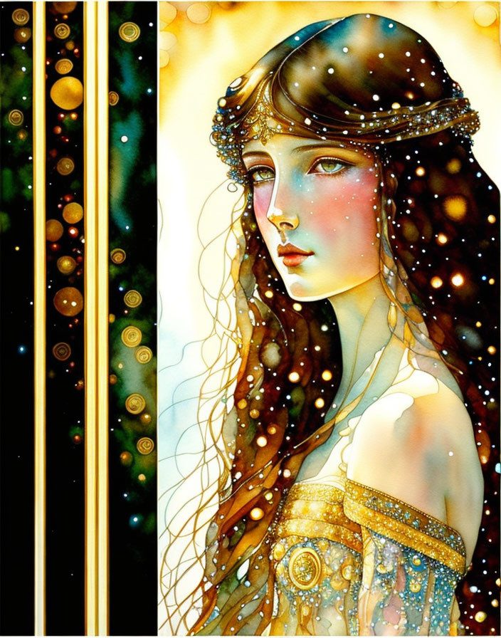 Woman with Long Wavy Hair and Starry Headdress in Cosmic Illustration