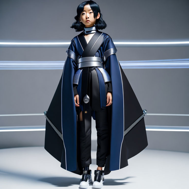 Child in futuristic blue and black outfit with cape against neon light lines