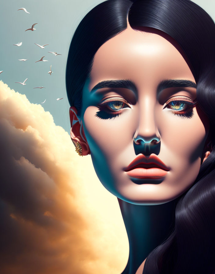 Stylized portrait of woman with dark hair and blue eyes against cloudy sky