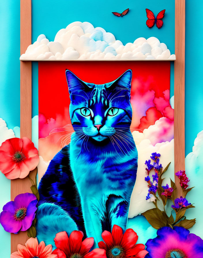 Colorful artwork: Blue-patterned cat, red flowers, butterfly, serene blue background