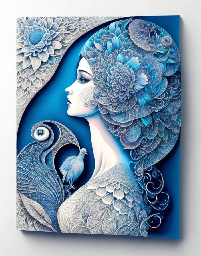 Surreal illustration of woman with floral hair and peacock in blue palette