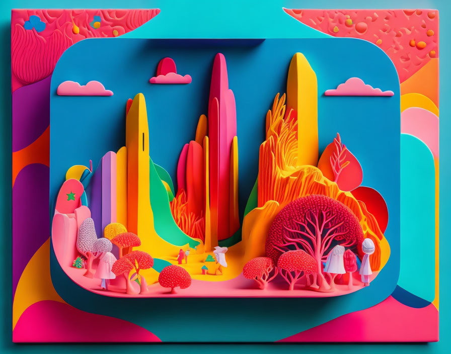 Colorful surreal landscape diorama with stylized trees and clouds