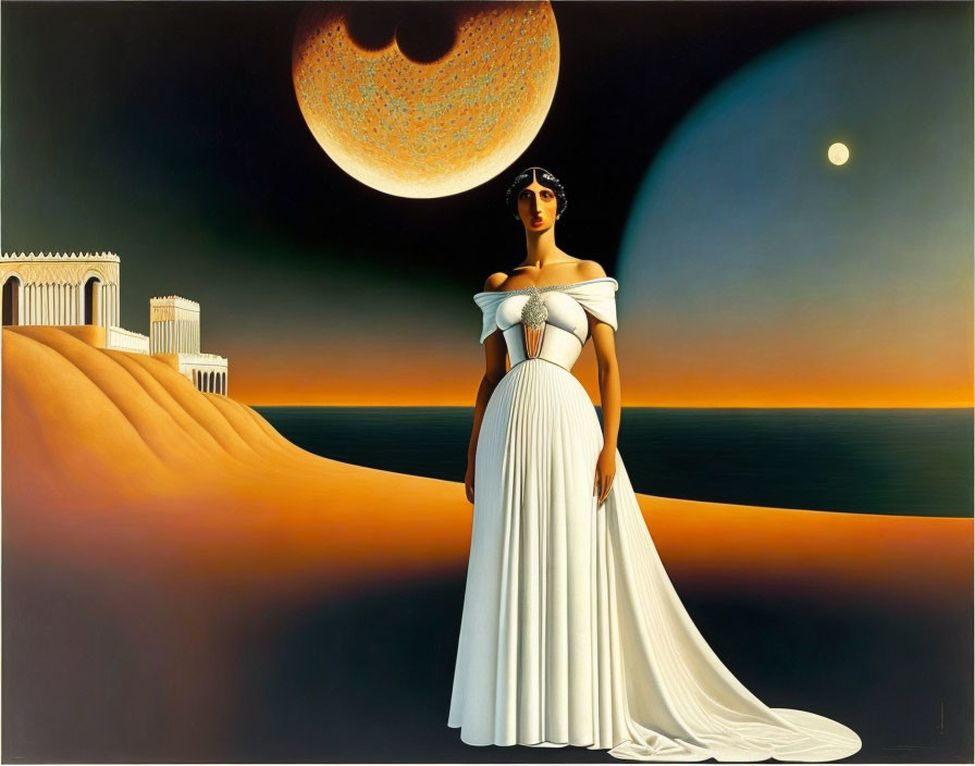 Woman in white dress on desert dune with crescent moon and classical architecture