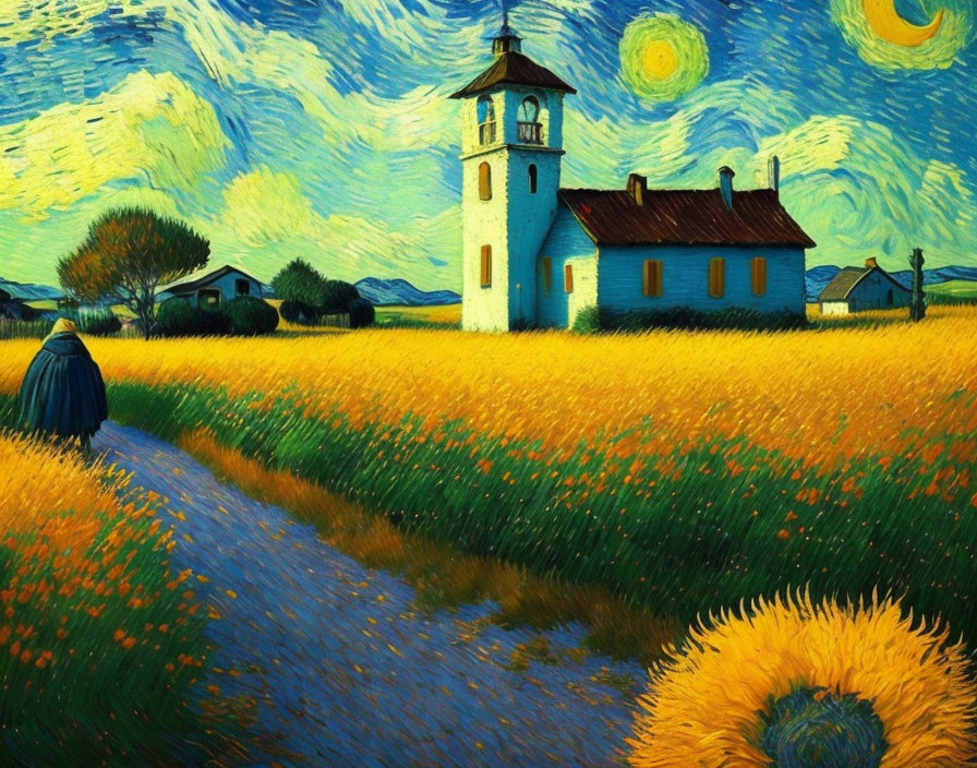 Sunflower field painting with path, white building, and tower under blue sky