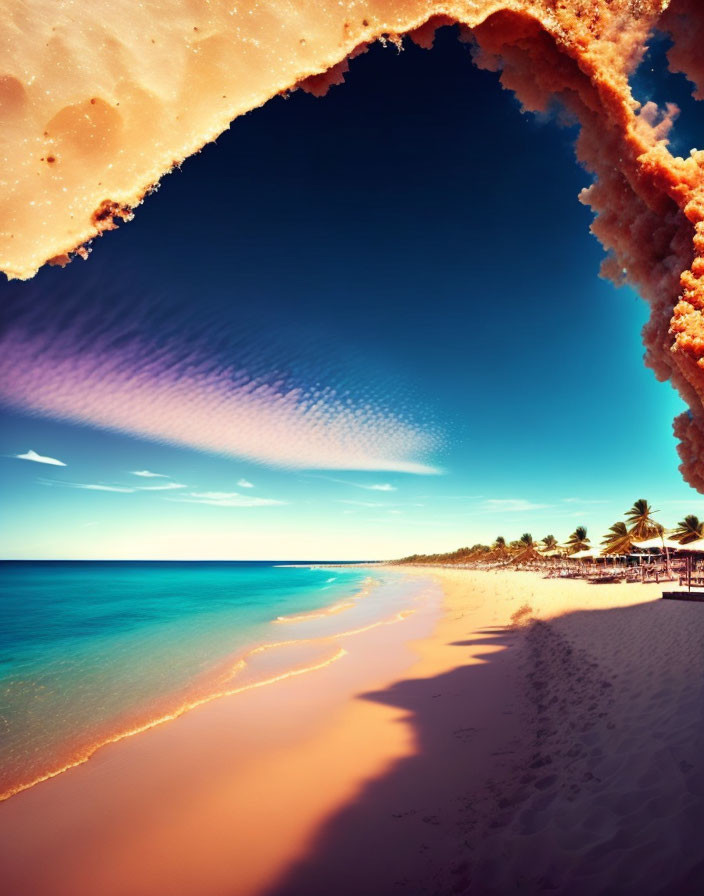 Tropical Beach Scene with Overhanging Cliff View