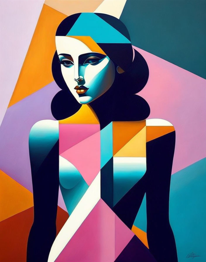 Vibrant geometric abstract portrait of a woman with shadows and highlights