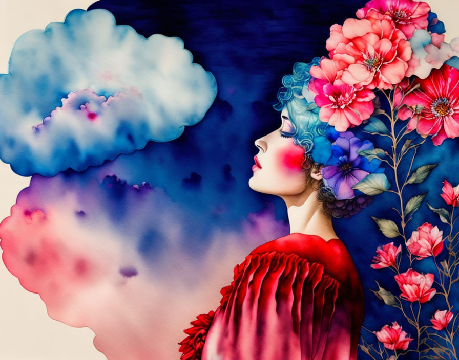 Vibrant illustration of a woman with flowers in her hair against colorful clouds.