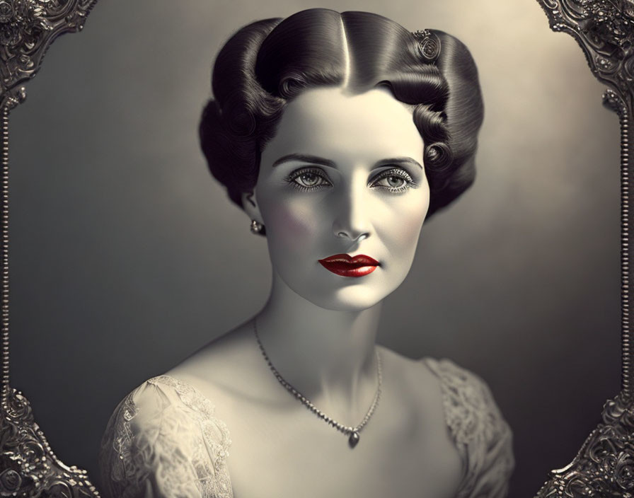 Vintage portrait of woman with 1940s hairstyle and red lipstick