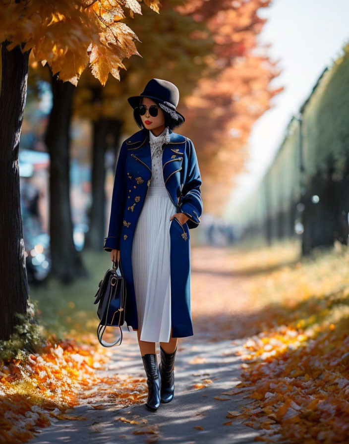 Stylish individual in blue coat, white skirt, and black boots strolls on tree-lined path