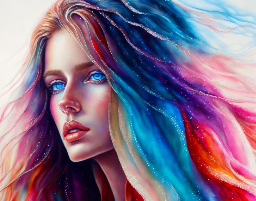 Colorful artwork: Woman with galaxy-inspired hair and blue eyes