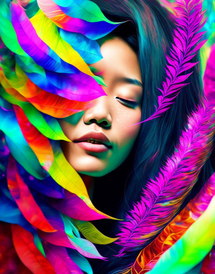 Woman with closed eyes among vibrant multicolored feathers portrait