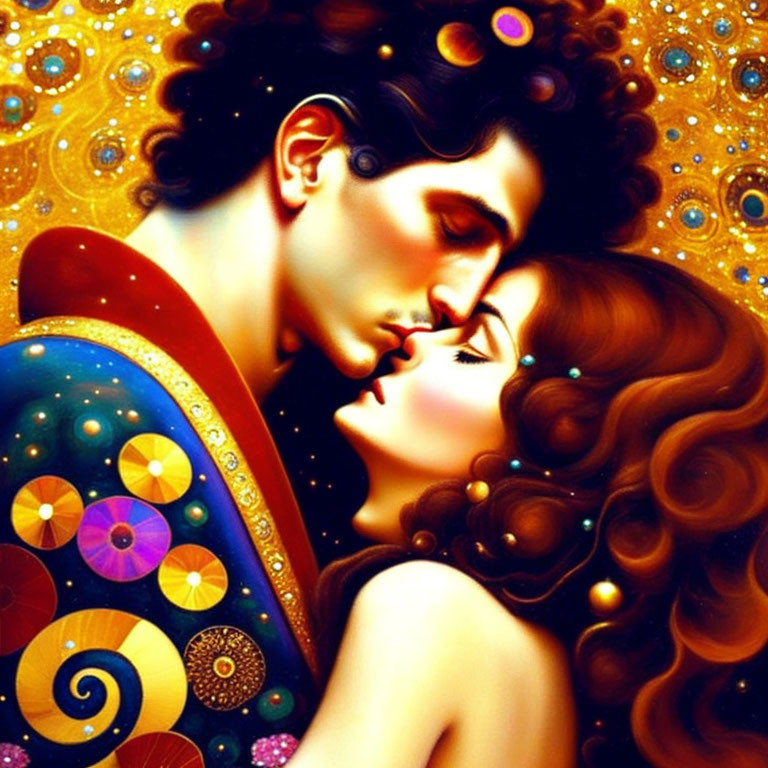 Colorful cosmic-themed painting of romantic couple embracing