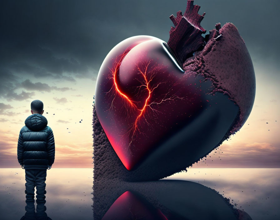 Person in jacket stands before large cracked heart on reflective surface under dramatic cloudy sky