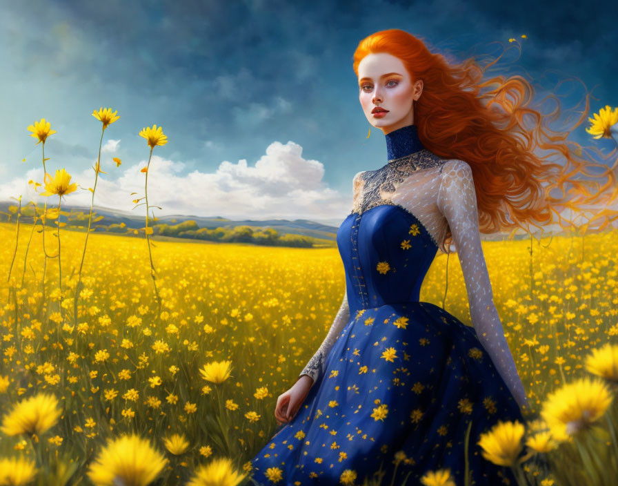 Red-haired woman in blue and gold dress surrounded by yellow flowers under clear sky