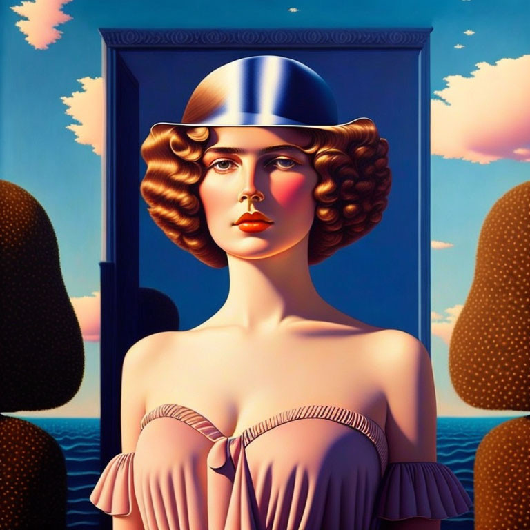 Stylized portrait of woman in metallic hat and dress against blue sky