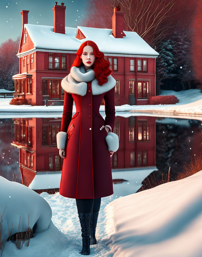 Red-haired woman in long red coat against snowy landscape with house reflection