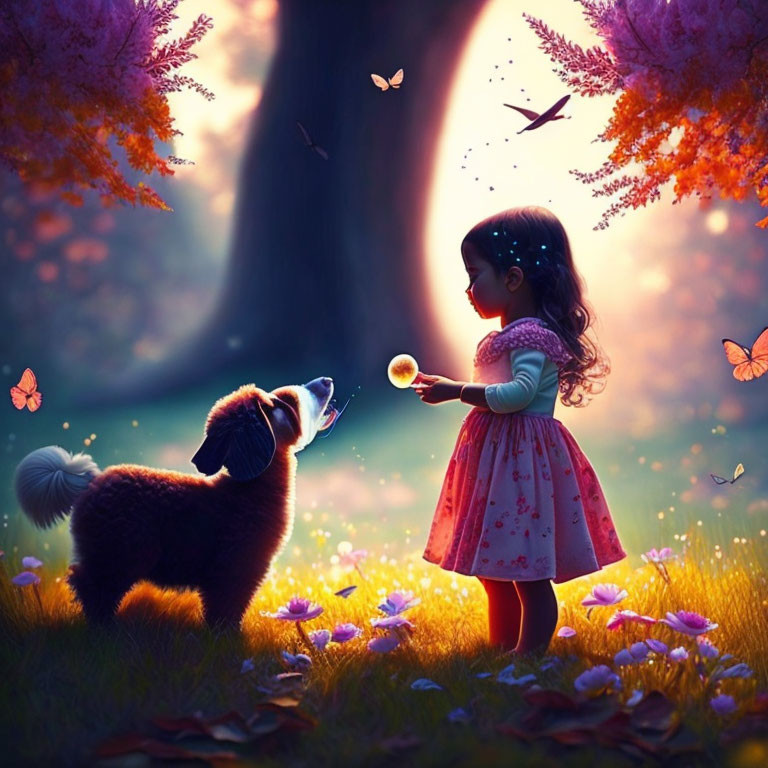 Young girl in red dress with dog in magical sunset clearing