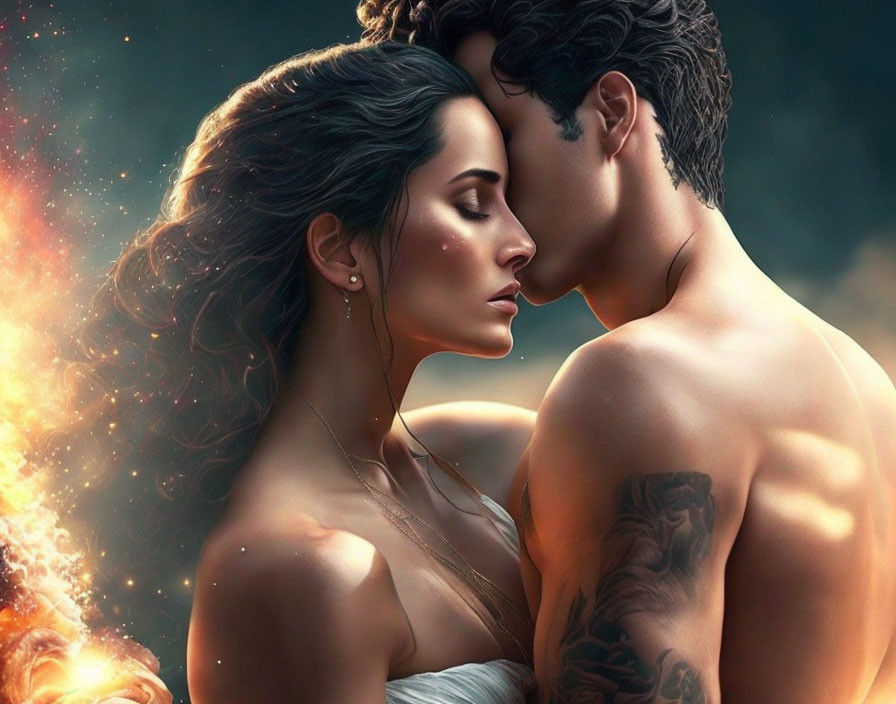 Romantic couple digital painting against fiery backdrop