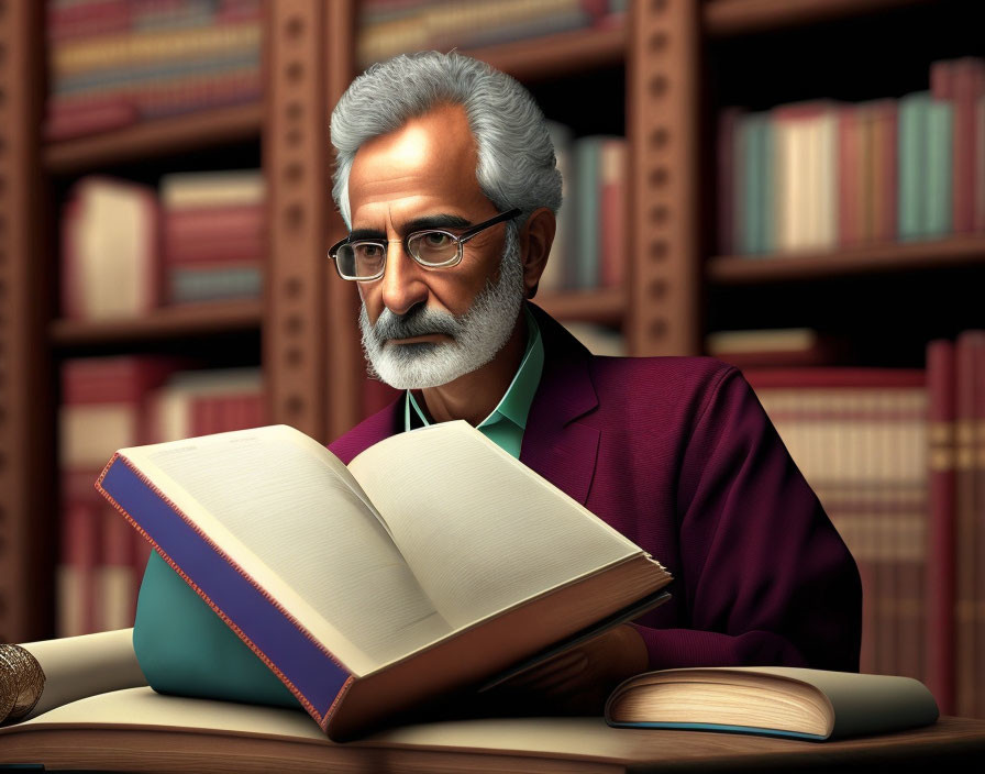 Gray-haired man with beard reading in magenta jacket