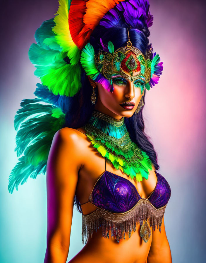 Colorful Woman in Carnival Attire on Gradient Background