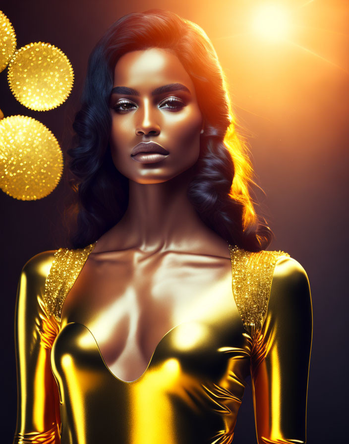 Dark-haired woman in gold dress illuminated by golden glow against abstract circles